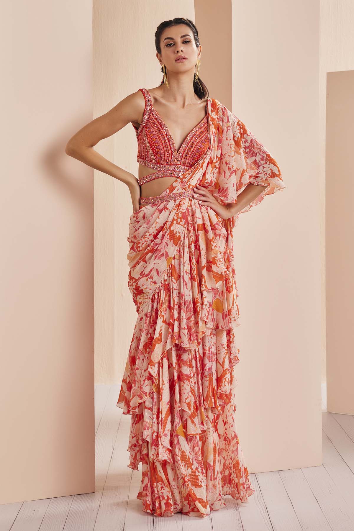 Buy Red Abstract Print Drape Saree Set by Mandira Wirk